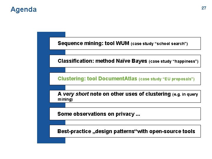 Agenda 27 Sequence mining: tool WUM (case study “school search”) Classification: method Naïve Bayes