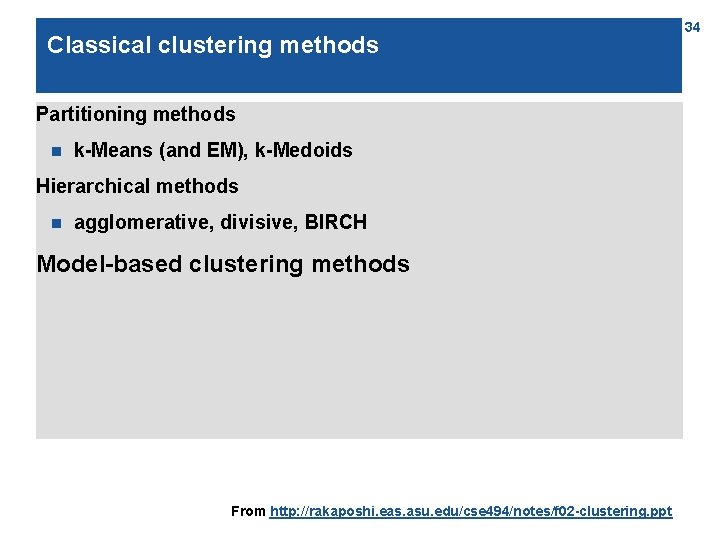 Classical clustering methods Partitioning methods n k-Means (and EM), k-Medoids Hierarchical methods n agglomerative,