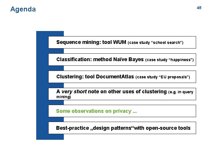 Agenda 45 Sequence mining: tool WUM (case study “school search”) Classification: method Naïve Bayes