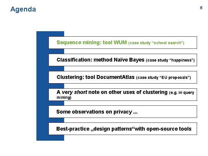 Agenda 5 Sequence mining: tool WUM (case study “school search”) Classification: method Naïve Bayes