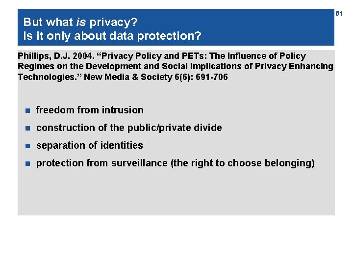 But what is privacy? Is it only about data protection? Phillips, D. J. 2004.