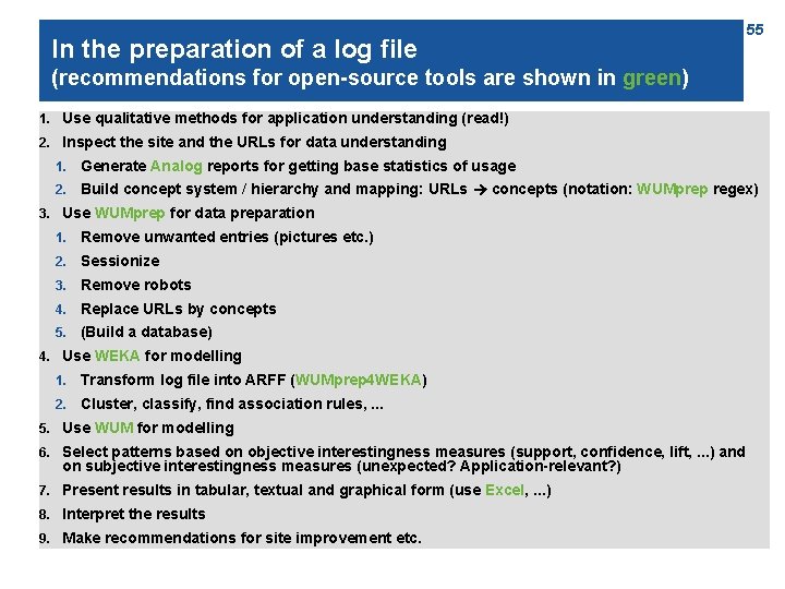 In the preparation of a log file 55 (recommendations for open-source tools are shown