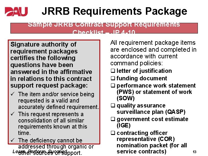 JRRB Requirements Package Sample JRRB Contract Support Requirements Checklist – JP 4 -10 Signature