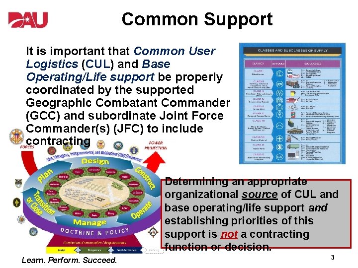 Common Support It is important that Common User Logistics (CUL) and Base Operating/Life support