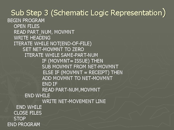 Sub Step 3 (Schematic Logic Representation) BEGIN PROGRAM OPEN FILES READ PART_NUM, MOVMNT WRITE Sub Step 3 (Schematic Logic Representation) BEGIN PROGRAM OPEN FILES READ PART_NUM, MOVMNT WRITE
