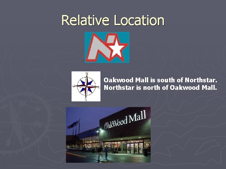 Relative Location Oakwood Mall is south of Northstar is north of Oakwood Mall. 