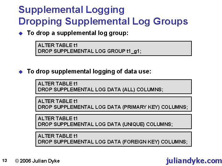 Supplemental Logging Dropping Supplemental Log Groups u To drop a supplemental log group: ALTER