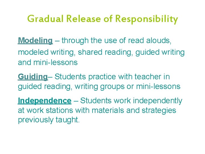Gradual Release of Responsibility Modeling – through the use of read alouds, modeled writing,