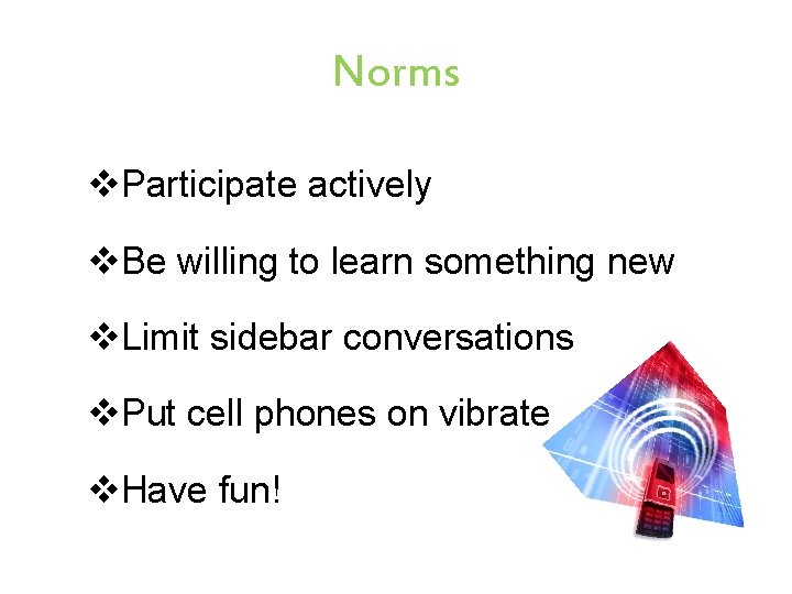 Norms v. Participate actively v. Be willing to learn something new v. Limit sidebar