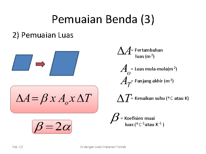 Pemuaian Benda (3) 2) Pemuaian Luas = Pertambahan luas (m 2) = Luas mula-mula(m