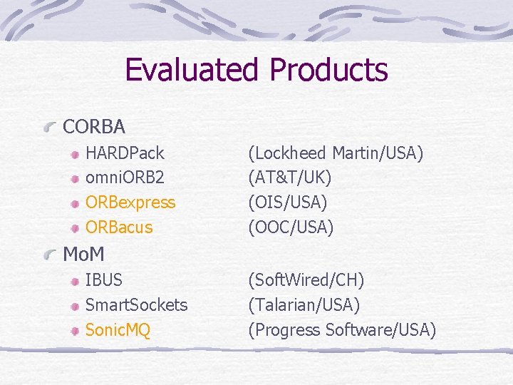Evaluated Products CORBA HARDPack omni. ORB 2 ORBexpress ORBacus (Lockheed Martin/USA) (AT&T/UK) (OIS/USA) (OOC/USA)