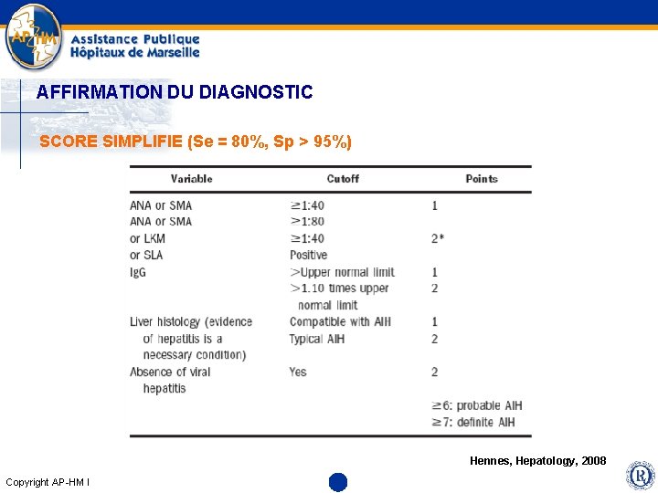 AFFIRMATION DU DIAGNOSTIC SCORE SIMPLIFIE (Se = 80%, Sp > 95%) Hennes, Hepatology, 2008