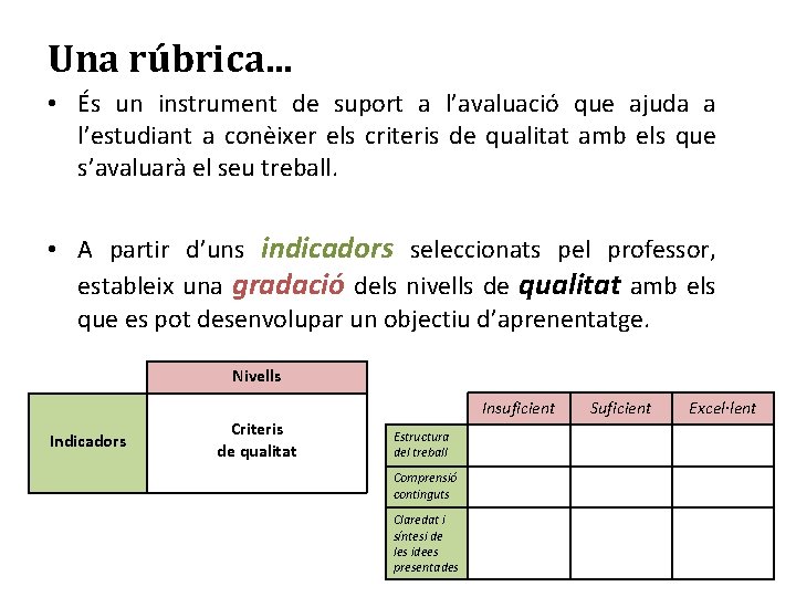 Una rúbrica. . . • És un instrument de suport a l’avaluació que ajuda