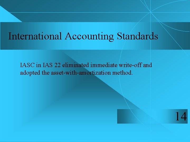 International Accounting Standards IASC in IAS 22 eliminated immediate write-off and adopted the asset-with-amortization