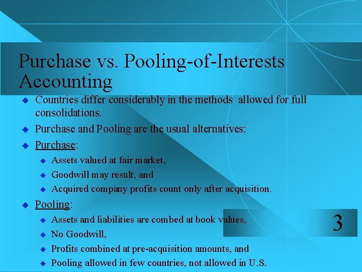 Purchase vs. Pooling-of-Interests Accounting u u u Countries differ considerably in the methods allowed