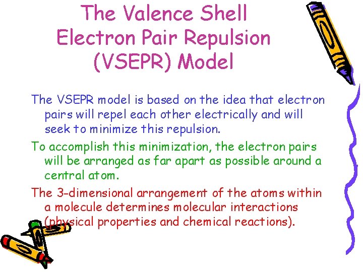 The Valence Shell Electron Pair Repulsion (VSEPR) Model The VSEPR model is based on