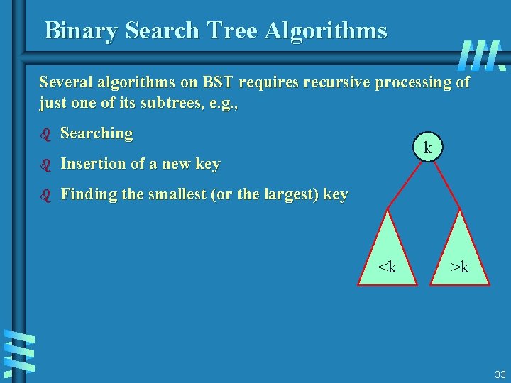 Binary Search Tree Algorithms Several algorithms on BST requires recursive processing of just one