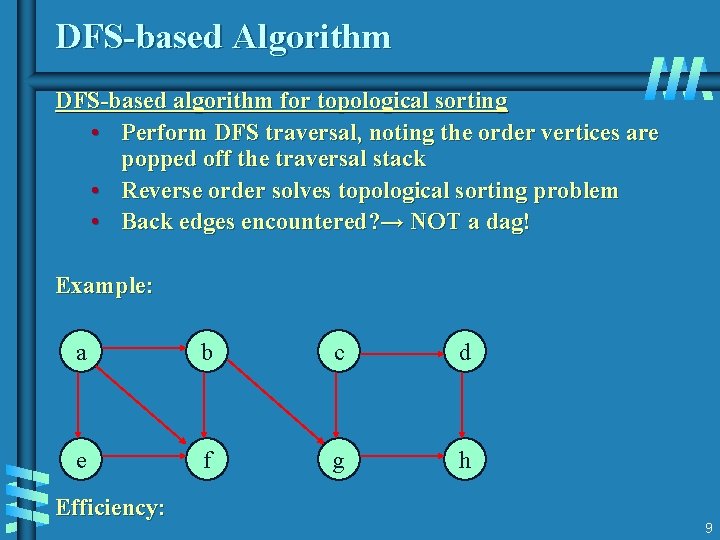 DFS-based Algorithm DFS-based algorithm for topological sorting • Perform DFS traversal, noting the order