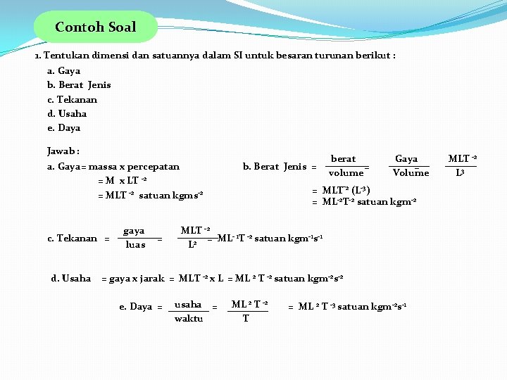 Contoh Soal 1. Tentukan dimensi dan satuannya dalam SI untuk besaran turunan berikut :