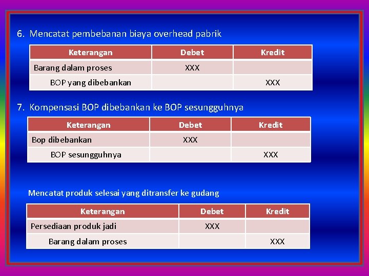 6. Mencatat pembebanan biaya overhead pabrik Keterangan Barang dalam proses Debet Kredit XXX BOP