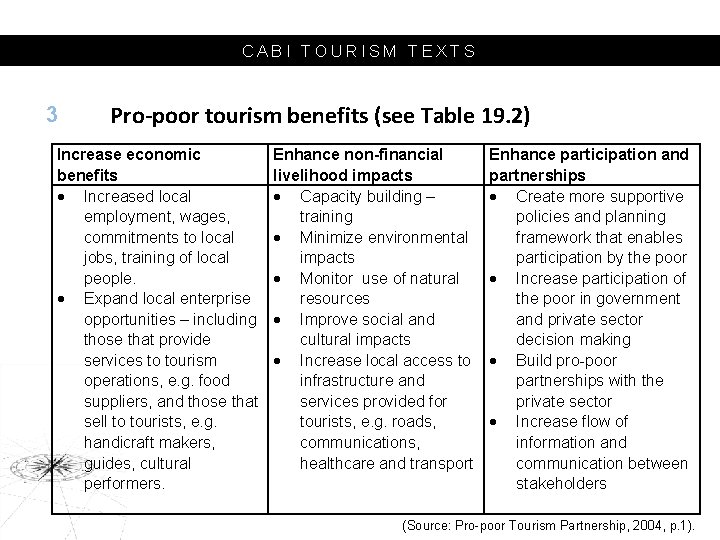 CABI TOURISM TEXTS 3 Pro-poor tourism benefits (see Table 19. 2) Increase economic benefits