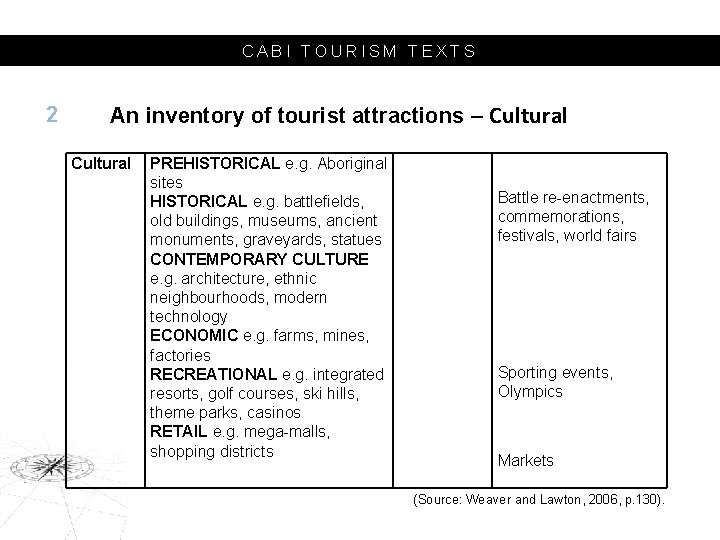 CABI TOURISM TEXTS 2 An inventory of tourist attractions – Cultural PREHISTORICAL e. g.