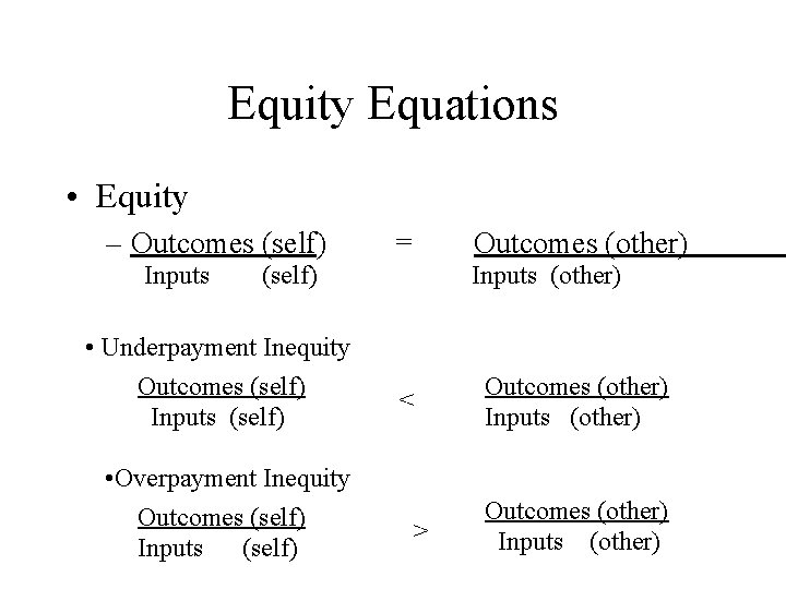 Equity Equations • Equity – Outcomes (self) Inputs = Outcomes (other) (self) • Underpayment