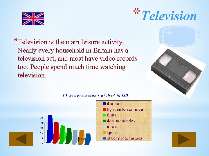 *Television is the main leisure activity. Nearly every household in Britain has a television