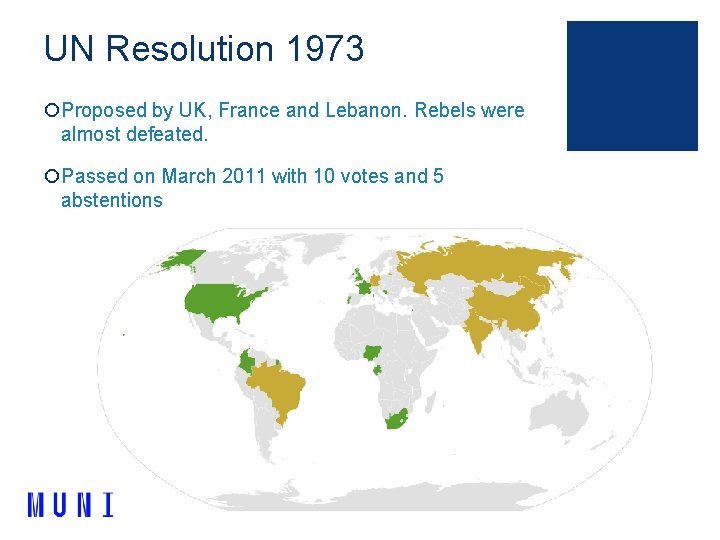 UN Resolution 1973 ¡Proposed by UK, France and Lebanon. Rebels were almost defeated. ¡Passed