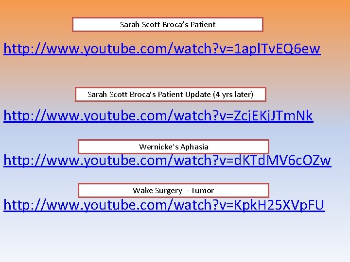 Sarah Scott Broca’s Patient http: //www. youtube. com/watch? v=1 apl. Tv. EQ 6 ew