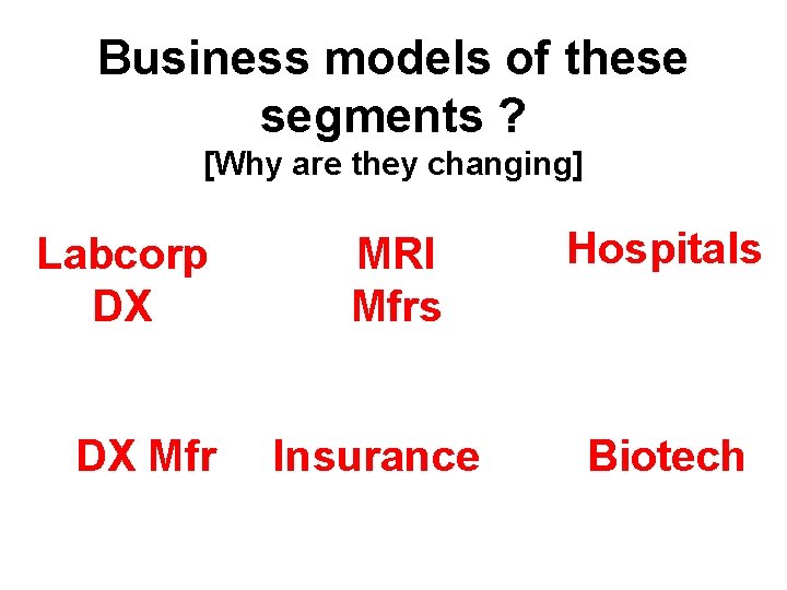 Business models of these segments ? [Why are they changing] Labcorp DX DX Mfr