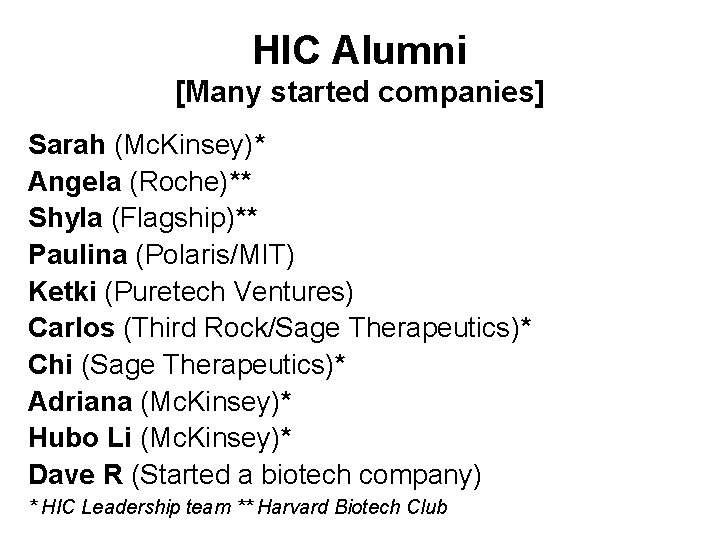 HIC Alumni [Many started companies] Sarah (Mc. Kinsey)* Angela (Roche)** Shyla (Flagship)** Paulina (Polaris/MIT)