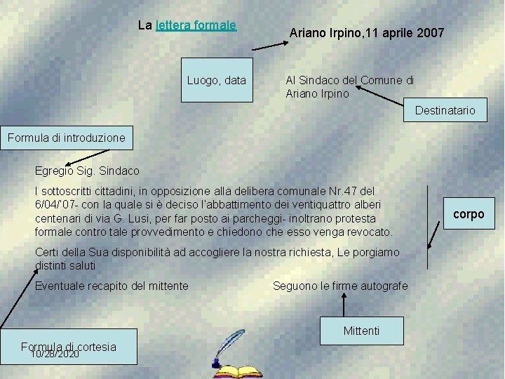 La lettera formale Luogo, data Ariano Irpino, 11 aprile 2007 Al Sindaco del Comune