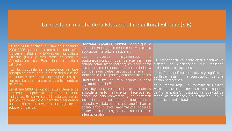 La puesta en marcha de la Educación Intercultural Bilingüe (EIB) El año 2000 destaca