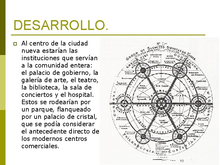 DESARROLLO. p Al centro de la ciudad nueva estarían las instituciones que servían a