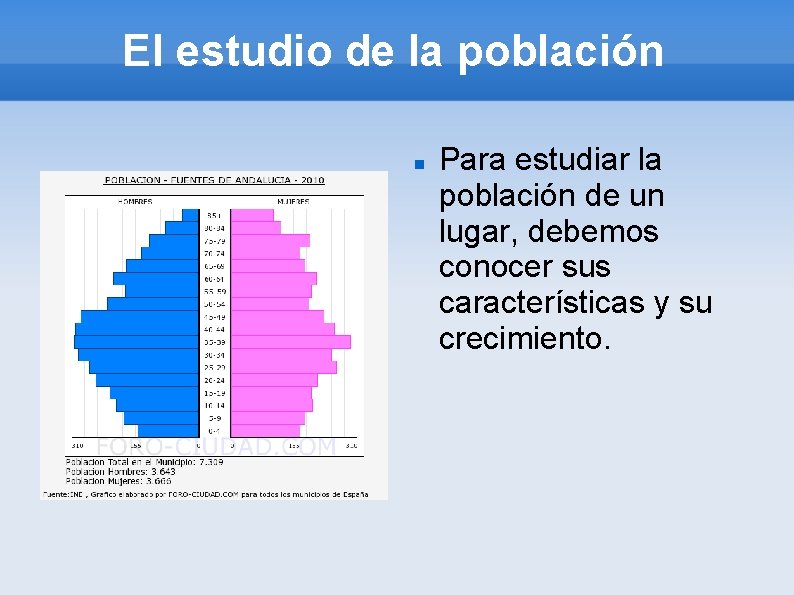 El estudio de la población Para estudiar la población de un lugar, debemos conocer