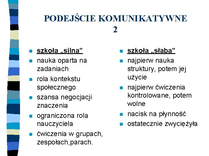 PODEJŚCIE KOMUNIKATYWNE 2 n n n szkoła „silna” nauka oparta na zadaniach rola kontekstu