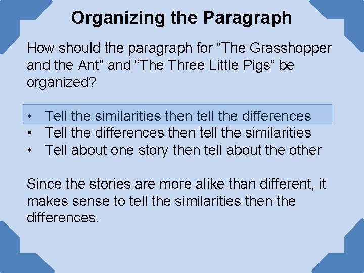 Organizing the Paragraph How should the paragraph for “The Grasshopper and the Ant” and