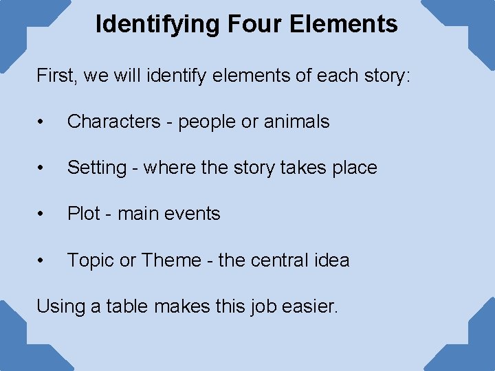 Identifying Four Elements First, we will identify elements of each story: • Characters -