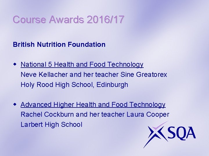 Course Awards 2016/17 British Nutrition Foundation w National 5 Health and Food Technology Neve