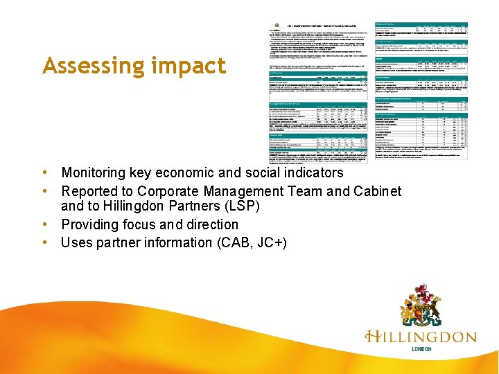 Assessing impact • Monitoring key economic and social indicators • Reported to Corporate Management