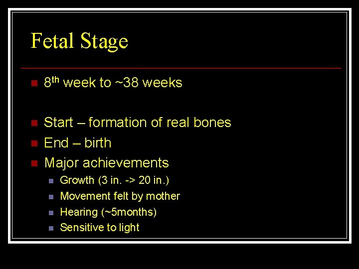 Fetal Stage n 8 th week to ~38 weeks n Start – formation of