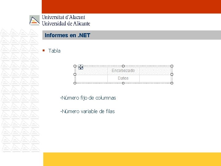 Informes en. NET § Tabla -Número fijo de columnas -Número variable de filas 