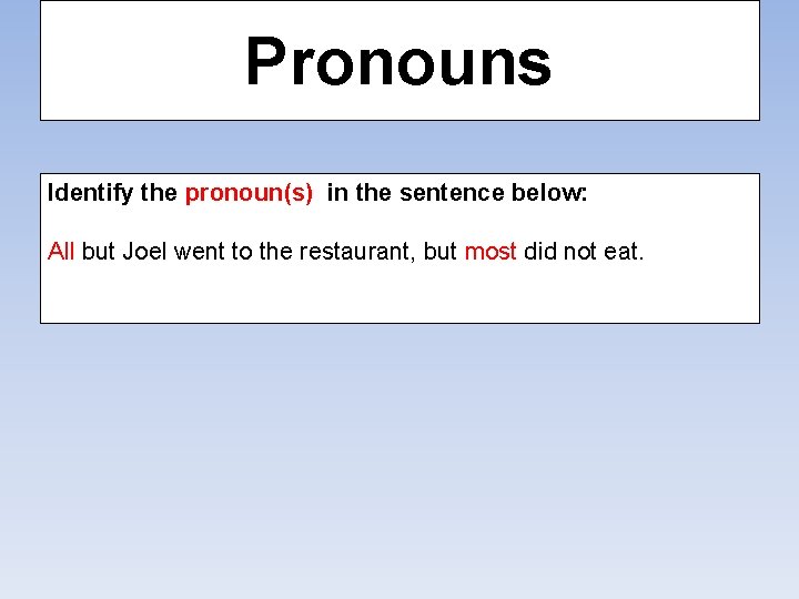Pronouns Identify the pronoun(s) in the sentence below: All but Joel went to the