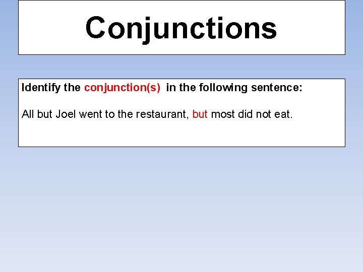 Conjunctions Identify the conjunction(s) in the following sentence: All but Joel went to the