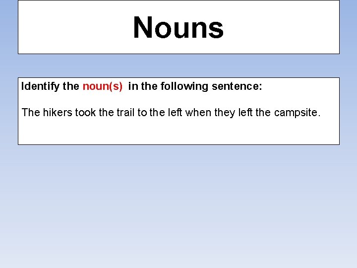 Nouns Identify the noun(s) in the following sentence: The hikers took the trail to