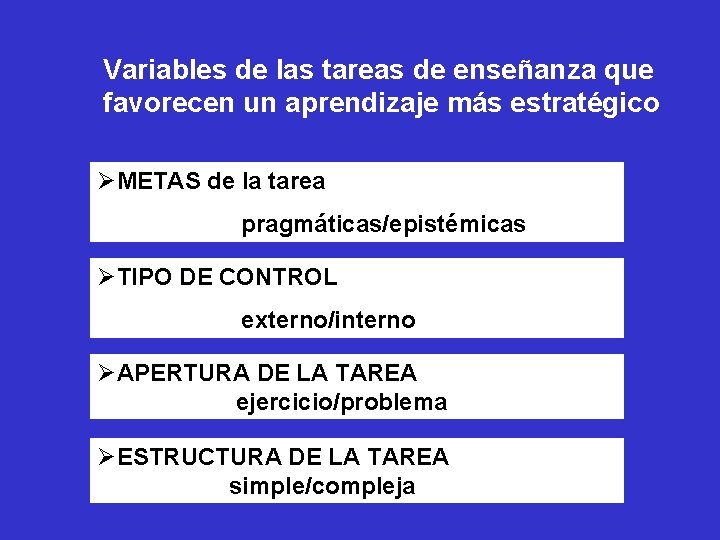 Variables de las tareas de enseñanza que favorecen un aprendizaje más estratégico ØMETAS de