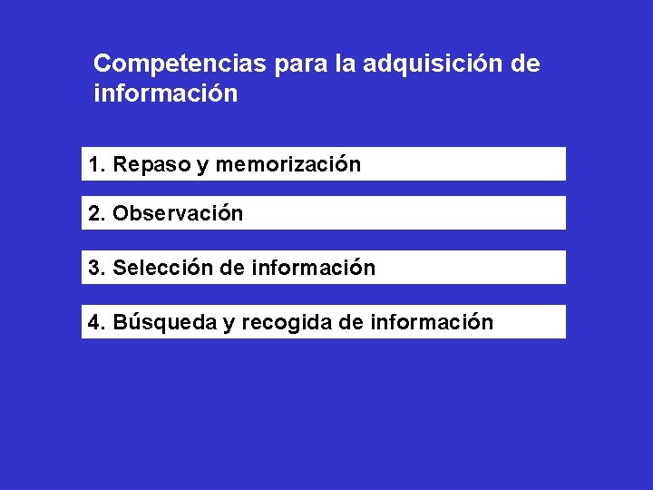 Competencias para la adquisición de información 1. Repaso y memorización 2. Observación 3. Selección