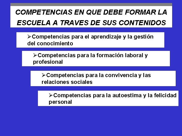 COMPETENCIAS EN QUE DEBE FORMAR LA ESCUELA A TRAVES DE SUS CONTENIDOS ØCompetencias para