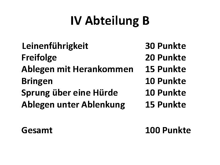 IV Abteilung B Leinenführigkeit Freifolge Ablegen mit Herankommen Bringen Sprung über eine Hürde Ablegen